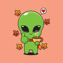 Cute alien holding holding a cup of coffee in autumn day cartoon vector illustration