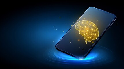 Sleek modern smartphone on gradient blue background with glowing wire-frame human brain, golden particles, and concentric digital ripple effect.