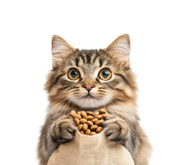 Fototapeta premium Playful cat with food bag pet