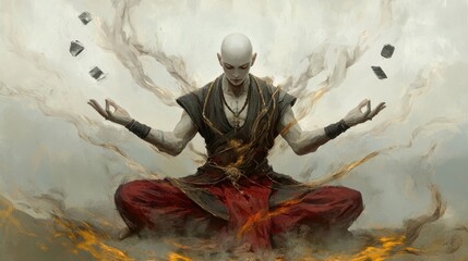 Bald monk in meditative pose, smoke and fire
