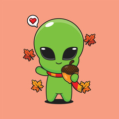 Cute alien with acorns at autumn season in autumn day cartoon vector illustration
