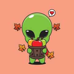 Cute alien holding a apple in wood bucket in autumn day cartoon vector illustration