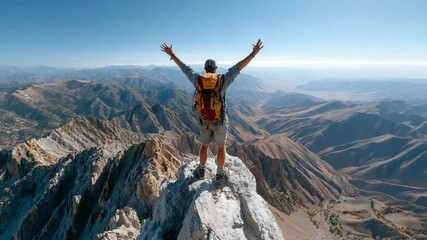 Summit Celebration: A lone figure triumphantly stands atop a mountain peak, arms raised in a gesture of victory and accomplishment against a backdrop of expansive natural beauty.