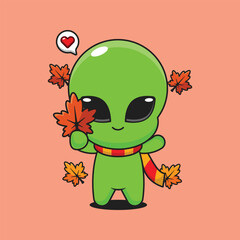Cute alien holding maple leaf in autumn cartoon vector illustration
