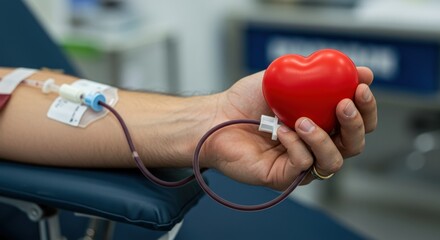 Donor giving blood at a medical facility with a healthcare worker assisting. Voluntary blood donation to save lives and support healthcare services.
