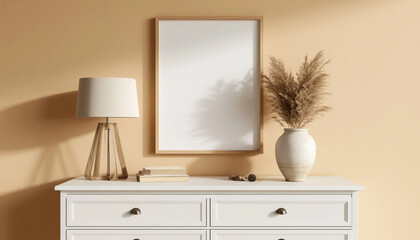 Interior minimalism white cabinet and empty mockup painting on beige wall