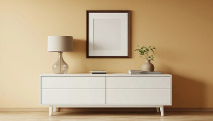 Interior minimalism white cabinet and empty mockup painting on beige wall
