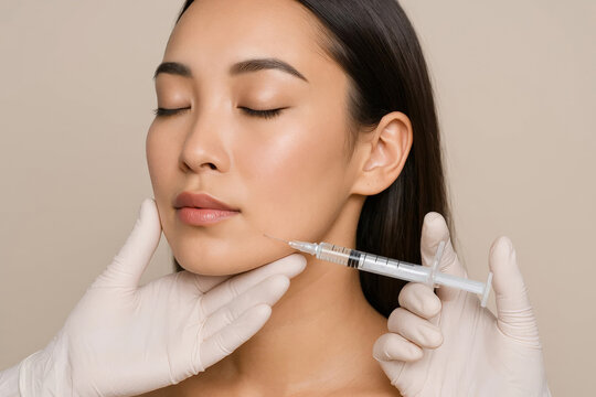 Close-up of young Asian woman receiving cosmetic facial injection in cheek area. Beautician wearing gloves holding syringe during aesthetic anti-aging treatment.