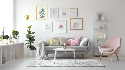 Artistic gallery-style living room. Cozy modern living room with stylish decor.