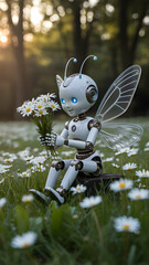 Robot fairy with daisies in garden, ai generated fantasy art, spring flowers, whimsical, cute, nature, outdoors