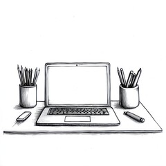 Fototapeta premium Hand-drawn laptop and pencils on a desk