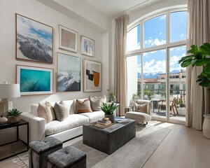 Artistic gallery-style living room. Elegant living room with modern decor.