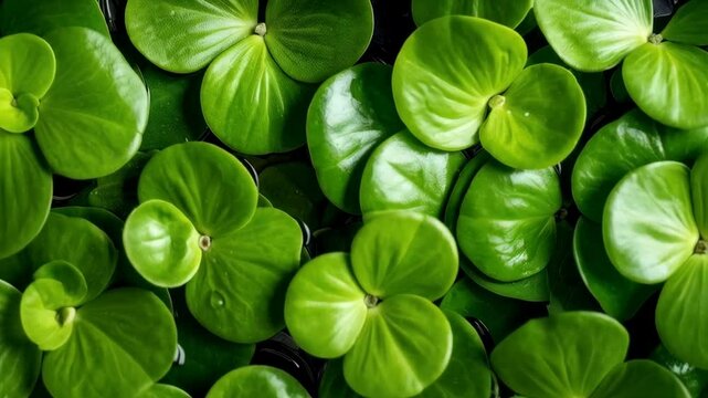 Dense background of vibrant green frogbit plants floating on dark water surface creating natural pattern, organic texture, and freshness.