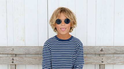 Young boy wearing sunglasses and striped shirt smiles in front of wooden background.