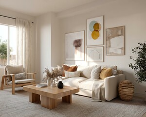 Artistic gallery-style living room. Cozy modern living room with natural decor.