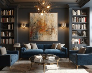 Artistic gallery-style living room. Elegant living room with modern decor and books.