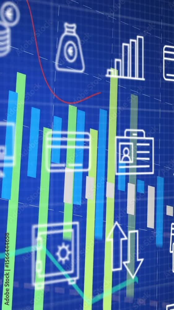 Poster financial data charts and graphs animation over various business icons on blue background
