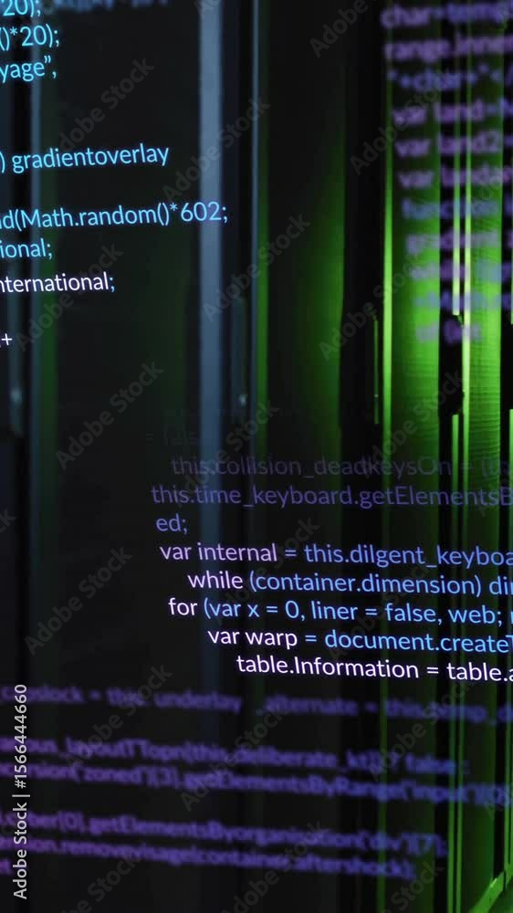 Poster computer code animation over person walking through server room