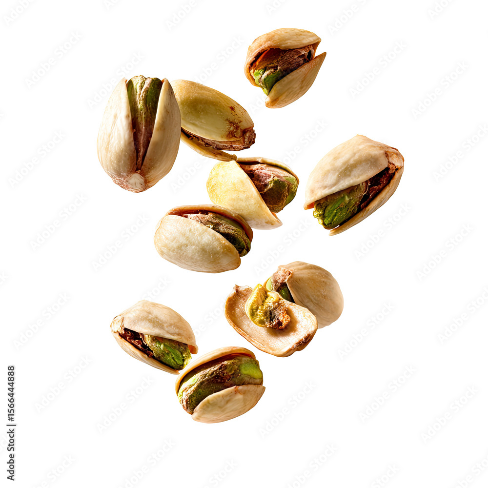 Poster falling pistachios with shells and kernels on transparent background several