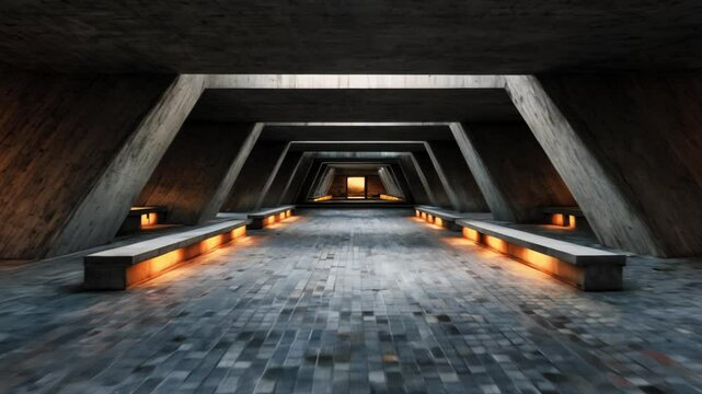 Brutalist Concrete Hallway with Warm Lighting and Benches