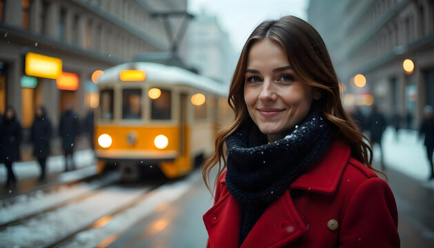 A woman is smiling, standing by a tram on a snowy street in the city.