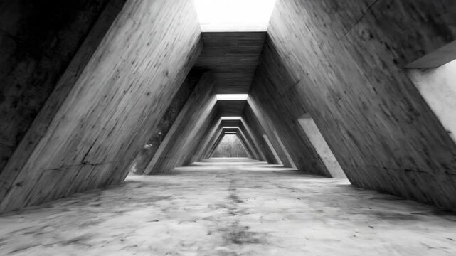 Symmetrical Brutalist Concrete Hallway with Sharp Corners and Light