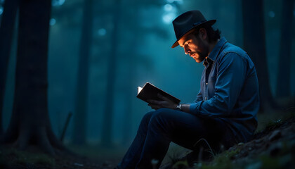 A man is engrossed in a book, illuminated by the glowing pages in a tranquil forest setting at dusk.