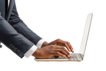 PNG African male adult typing on laptop in black suit