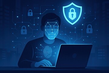 Cybersecurity and network security build digital resilience. A person at a laptop secured by facial recognition, fingerprint, and digital locks, symbolizing cybersecurity and data protection.