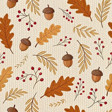 seamless cozy knit pattern with autumn botanicals oak leaves acorns and heather sprigs warm hygge textured background for fall seasonal decor