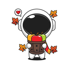 Cute astronaut holding a apple in wood bucket in autumn day cartoon vector illustration