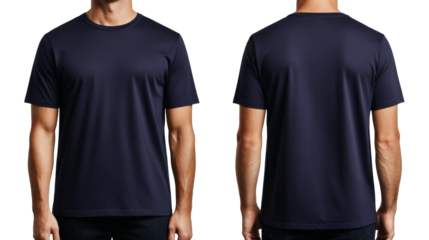 Display of a navy tee shirt shows front and back views, providing a clear look at garment details and design against a neutral background, transparent background