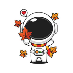 Cute astronaut holding maple leaf in autumn cartoon vector illustration