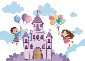 fantasy castle and A  boy and girl holding colorful balloons