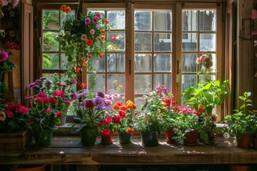 Fototapeta premium Potted flowers in vibrant colors sit on a rustic window sill, illuminated by natural light, creating a cheerful indoor garden