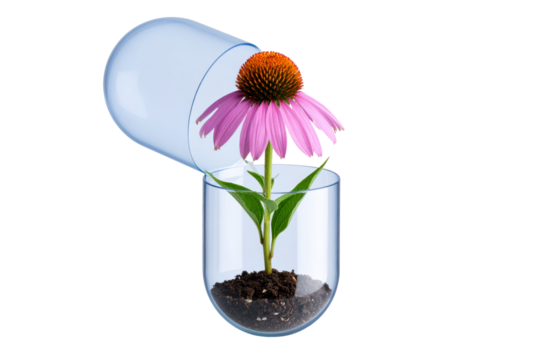 Coneflower Bloom Emerging from a Pill Capsule, Herbal Healing Fusion, Isolated on Transparent Background
