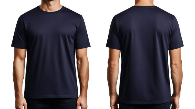 Display of a navy tee shirt shows front and back views, providing a clear look at garment details and design against a neutral background, transparent background