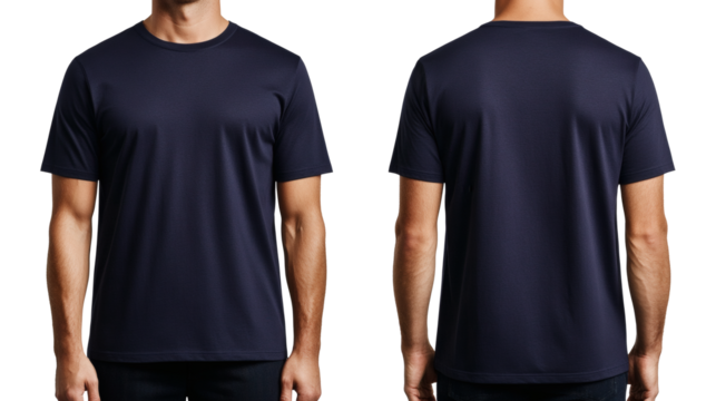 Display of a navy tee shirt shows front and back views, providing a clear look at garment details and design against a neutral background, transparent background