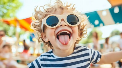Smiling child with sunglasses sticking out tongue in outdoor setting.