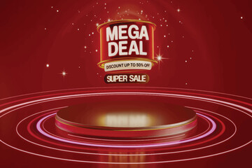 Glowing “MEGA DEAL” banner above floating silver platform with spiral red energy rings, sparkles, and luxurious red gradient backdrop 