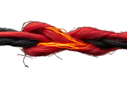 Braided threads create a strong knot, showcasing textures of red, black and orange against a contrasting backdrop for creative concepts, transparent background