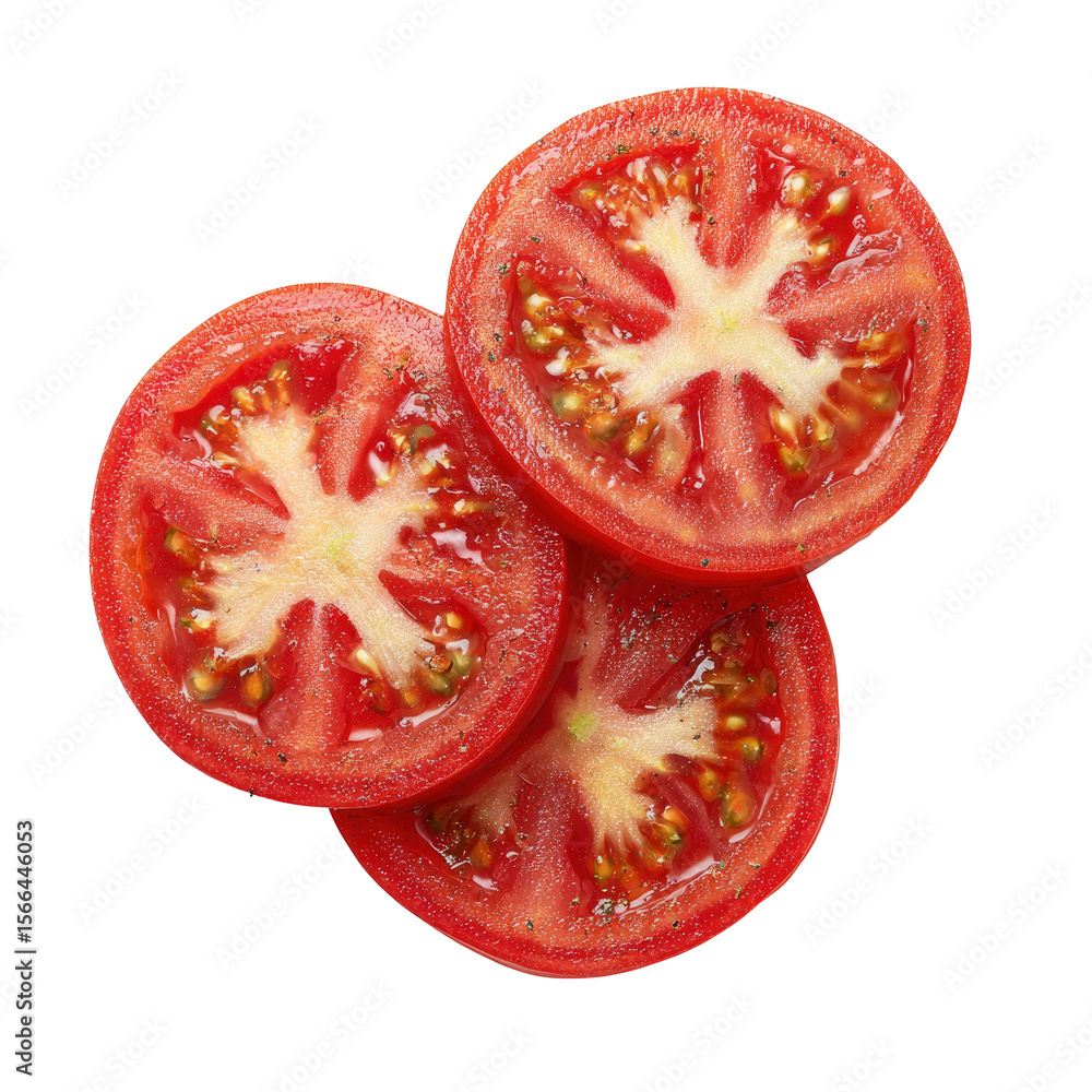 Poster three sliced tomatoes stacked on top of each other on transparent background