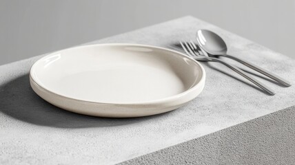 Minimalist neutral-toned plate on a concrete kitchen island with ambient light reflections and crossed spoon and fork. Clean and bright kitchen background