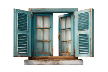 Fototapeta premium PNG Rustic teal wooden window with open shutters and weathered frame