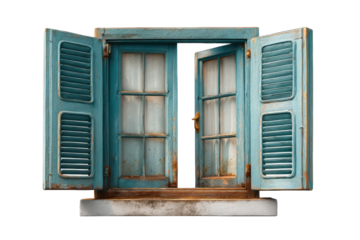PNG Rustic teal wooden window with open shutters and weathered frame