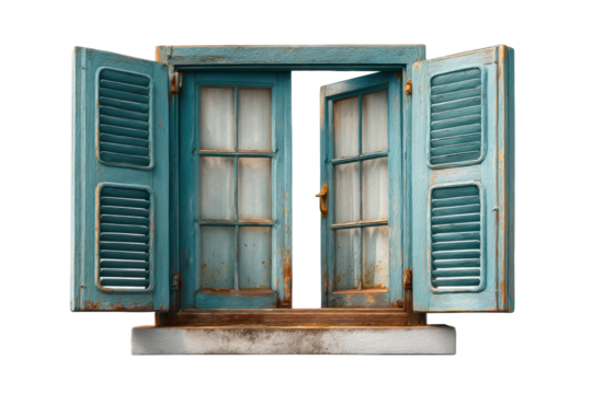PNG Rustic teal wooden window with open shutters and weathered frame