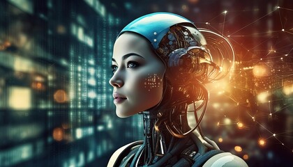 A futuristic humanoid robot with intricate mechanical components gazes thoughtfully against a digital cityscape background.