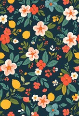 Obraz premium Floral pattern with pink, orange, white, and blue flowers, green leaves, and yellow lemons on a dark blue background.