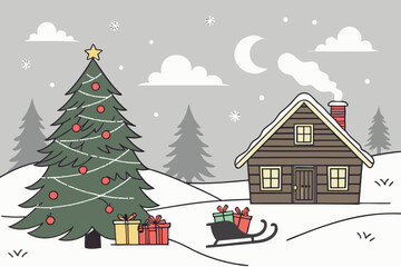 Cozy winter cabin with Christmas tree and presents