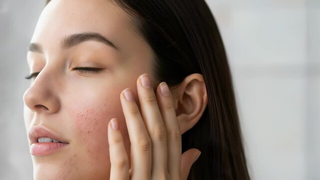 Woman with acne skin applying facial mist for skincare routine at home spa day
